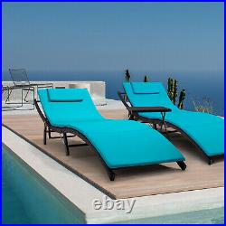 3-Pcs Adjustable Pool Chaise Lounge Chair Outdoor Patio Furniture Blue Cushion