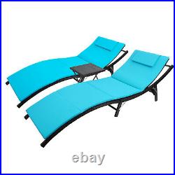 3-Pcs Adjustable Pool Chaise Lounge Chair Outdoor Patio Furniture Blue Cushion