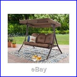 3 Person Patio Hammock Swing With Canopy Padded Seats Outdoor Brown Furniture