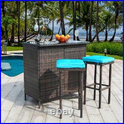 3 Piece Outdoor Wicker Bar Stools Set Patio Rattan Furniture Set with Cushions