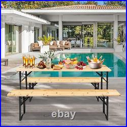 3 Piece Outdoor Wood Picnic Table Beer Bench Dining Set Folding Wooden Top Patio