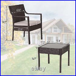 3 Piece Patio Bistro Set Outdoor Wicker Chairs with Coffee Table Glass Top