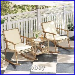 3 Piece Patio Rattan Conversation Set Table Rocking Chairs Backyard Bistro Set