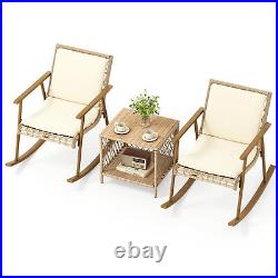 3 Piece Patio Rattan Conversation Set Table Rocking Chairs Backyard Bistro Set