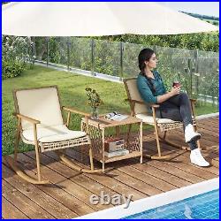 3 Piece Patio Rattan Conversation Set Table Rocking Chairs Backyard Bistro Set