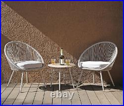 3-Piece Patio Table Bistro Set Grey Outdoor All Weather Woven Rope Cushion Chair