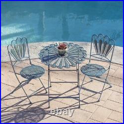3-Piece Rustic Peacock Feather Bistro Set Metal Outdoor Patio Table Chair Blue