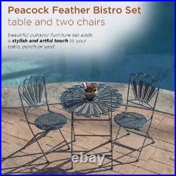 3-Piece Rustic Peacock Feather Bistro Set Metal Outdoor Patio Table Chair Blue