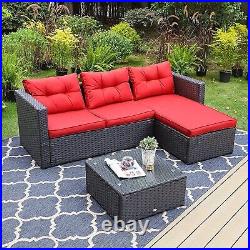 3 Pieces Outdoor Patio Furniture Sets Sectional Sofa Rattan Chair Wicker Set Red