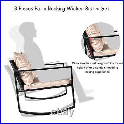 3 Pieces Outdoor Patio Wicker Rocking Sets Bistro Set Rattan Chair with Cushions