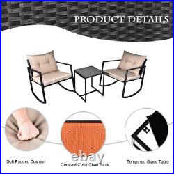 3 Pieces Outdoor Patio Wicker Rocking Sets Bistro Set Rattan Chair with Cushions