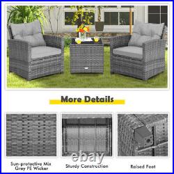 3 Pieces Outdoor Wicker Conversation Set with Tempered Glass Tabletop