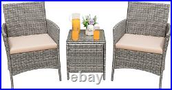 3 Pieces Patio Furniture PE Rattan Wicker Chair Conversation Set, Gray and Beige