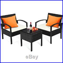 3 Pieces Patio Rattan Furniture Set Conversation Sofa Cushioned Coffee Table