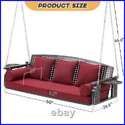 3 Seat Hanging Porch Swing, Patio Swing Bench with Tea Trays & 3 Back Cushions