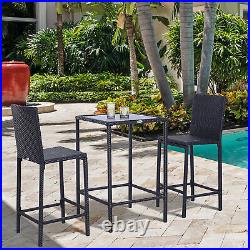 3pc Rattan Bar Dining Chair Glass Table Set Bistro Barstool Furniture