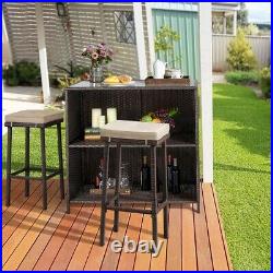 3pcs Conversation Set Patio Bar Furniture Rattan Table and Stools with Cushions