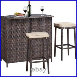 3pcs Conversation Set Patio Bar Furniture Rattan Table and Stools with Cushions