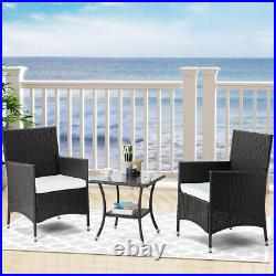 3pcs Outdoor Garden Rattan Patio Furniture Set with2 Chairs +Table & White Cushion