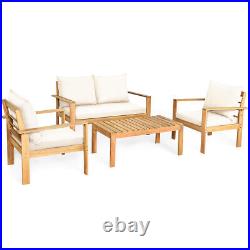 4PCS Outdoor Furniture Set Acacia Wood Thick Cushion Loveseat Sofa Off White