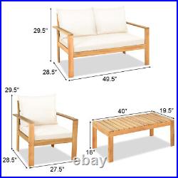 4PCS Outdoor Furniture Set Acacia Wood Thick Cushion Loveseat Sofa Off White