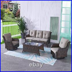 4PCS Outdoor Patio 3-Seat Sofa Coffee Table with Swivel Chairs PE Rocker Chairs