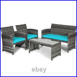 4PCS Outdoor Patio Furniture Set Rattan Wicker Conversation Sofa Set With Cushions