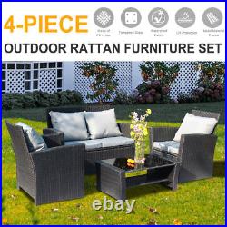 4PCS Outdoor Patio Furniture Set Sectional Sofa Rattan Chair Wicker Set Gray