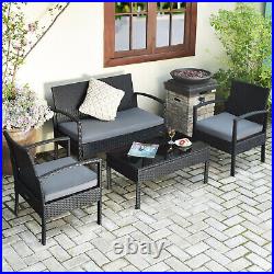 4PCS Outdoor Patio Rattan Furniture Set Cushioned Sofa Coffee Table Chair Deck