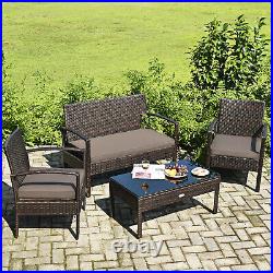 4PCS Outdoor Patio Rattan Furniture Set Cushioned Sofa Coffee Table Garden Deck