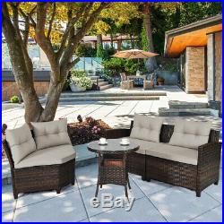 4PCS Outdoor Patio Rattan Furniture Set Cushioned Sofa Table Sectional Garden