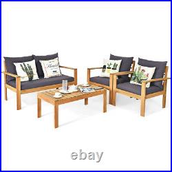 4PCS Patio Furniture Set Acacia Wood Cozy Cushion Sofa Loveseat for Outdoor Deck