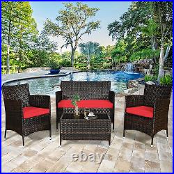 4PCS Patio Rattan Conversation Furniture Set Outdoor with Red Cushion