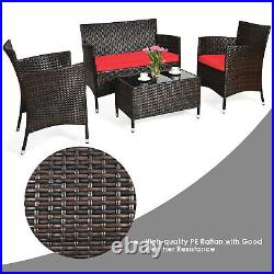 4PCS Patio Rattan Conversation Furniture Set Outdoor with Red Cushion