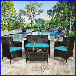 4PCS Patio Rattan Conversation Furniture Set Outdoor with Turquoise Cushion