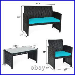 4PCS Patio Rattan Furniture Conversation Set Cushion Sofa Table Garden Turquoise