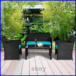 4PCS Patio Rattan Furniture Conversation Set Cushion Sofa Table Garden Turquoise