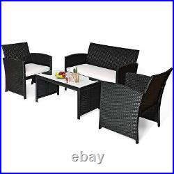4PCS Patio Rattan Furniture Conversation Set Cushioned Sofa Table Garden Yard