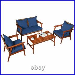 4PCS Patio Rattan Furniture Set Acacia Wood Frame Cushioned Sofa Chair