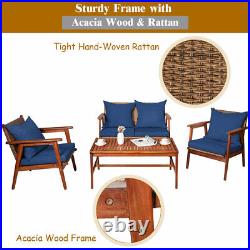 4PCS Patio Rattan Furniture Set Acacia Wood Frame Cushioned Sofa Chair Navy