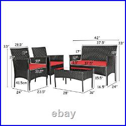 4PCS Patio Rattan Furniture Set Cushioned Sofa Coffee Table Backyard Porch Red