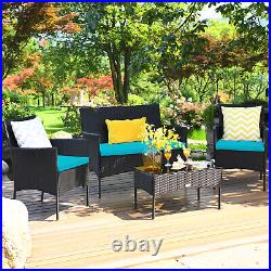 4PCS Patio Rattan Furniture Set Cushioned Sofa Coffee Table Backyard Turquoise