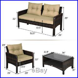 4PCS Patio Rattan Furniture Set Loveseat Sofa Coffee Table Garden With Cushion