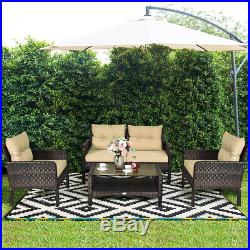 4PCS Patio Rattan Furniture Set Loveseat Sofa Coffee Table Garden With Cushion