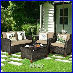 4PCS Patio Rattan Furniture Set Solid Wood Leg Cushioned Sofa Garden Lawn