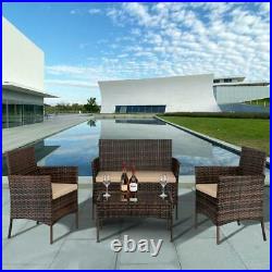 4PCS Patio Rattan Wicker Furniture Set Cushioned Chair Glass Table