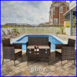 4PCS Patio Rattan Wicker Furniture Set Cushioned Chair Glass Table