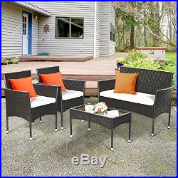 4PCS Patio Rattan Wicker Furniture Set Cushioned Chair Glass Table Top Garden