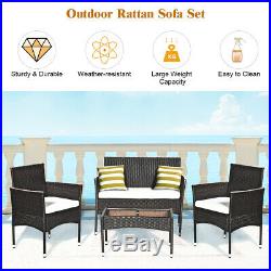 4PCS Patio Rattan Wicker Furniture Set Cushioned Chair Glass Table Top Garden