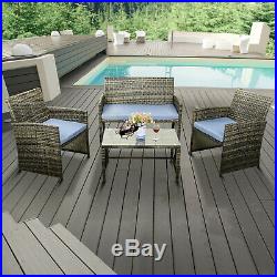 4PCS Patio Sofa Set Outdoor Wicker Furniture Garden Rattan Sectional Blue Set